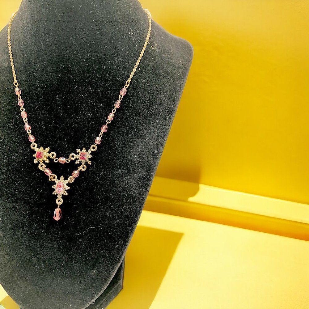 South Moon Under Pink Rhinestone Crystal-Drop Silver  Necklace!